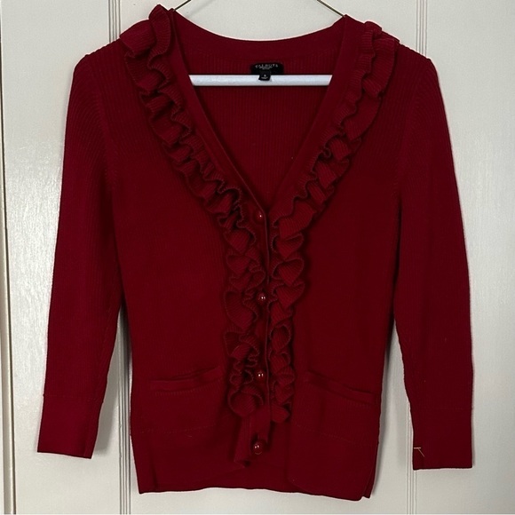 Talbots Sweater Rib Knit Feminine V-Neck Ruffled Cherry Red Cardigan Size SP - Picture 2 of 10